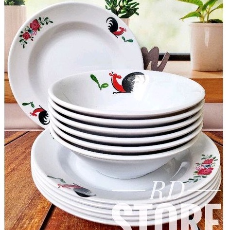 PROMO 6.PIRING &amp; 6.MANGKOK 23.CM MOTIF AYAM ROSE MELAMINE