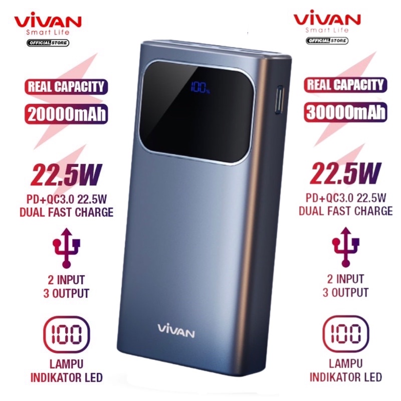 VIVAN Powerbank VPB-C20 / VPB-C30 20.000 mAh / 30.000 mAh 3 Output Fast Charging 22.5W PD QC 3.0 VOOC Support Smartphone All Type - Garansi Resmi