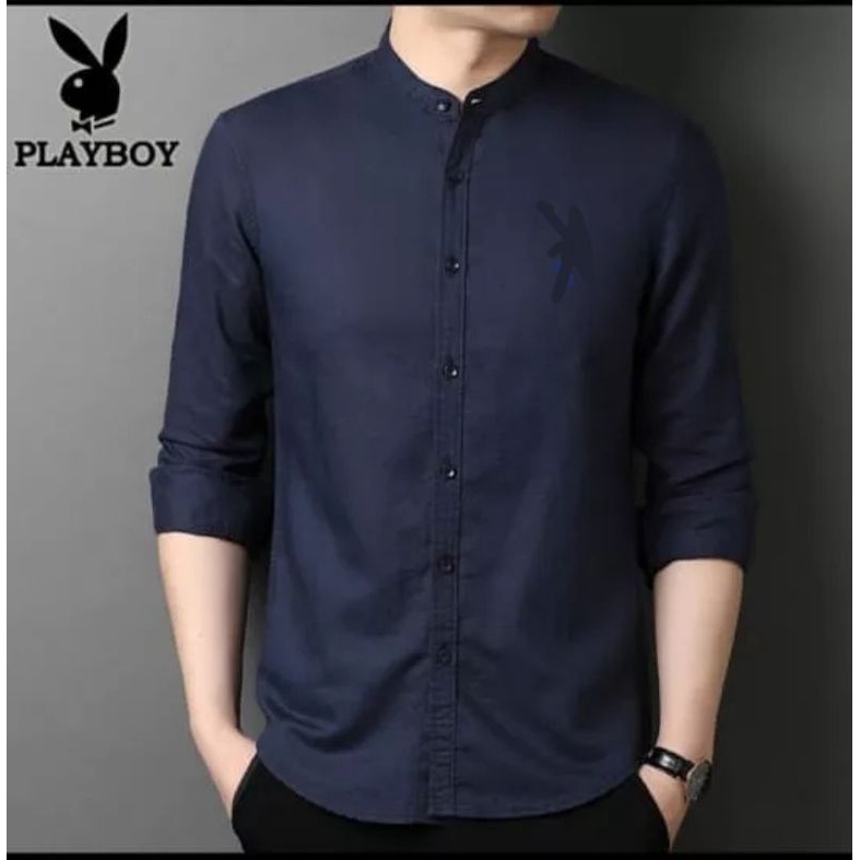 Baju Pria lengan Panjang kerah shanghai. kemeja formal pria warna navy. erigo