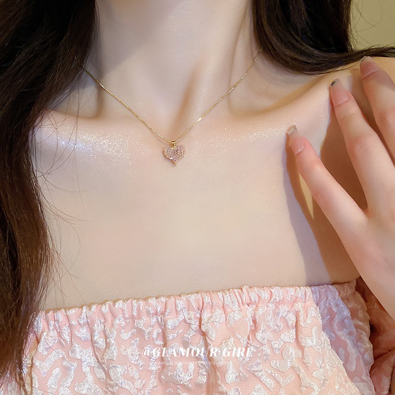 Kalung Choker Rantai Emas Hias Kristal Hati Pink Untuk Wanita