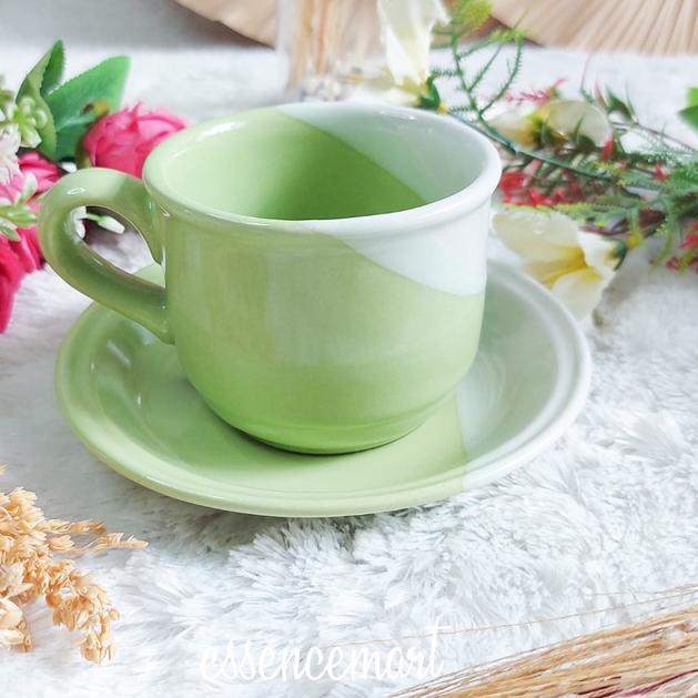 Siap Kirim Set Cangkir Lepek Keramik Two Tone Gelas Cangkir 2 Warna Unik Cantik