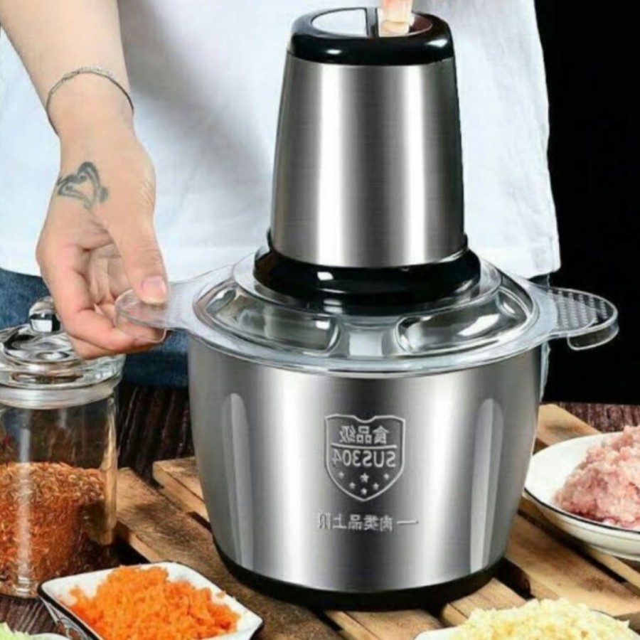 Meat Grinder Stainless 2L 4 Mata Pisau / Blender Daging Stenlis 2 Speed Chopper Stainles Serbaguna Choper Portabel Coper Elektrik