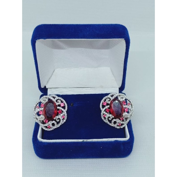 ANTING PERAK ASLI SILVER 925 LAPIS EMAS/ANTING JEPIT BATU MERAH+MATA PUTIH/ASLI SILVER/FASHION WANITA TERBARU