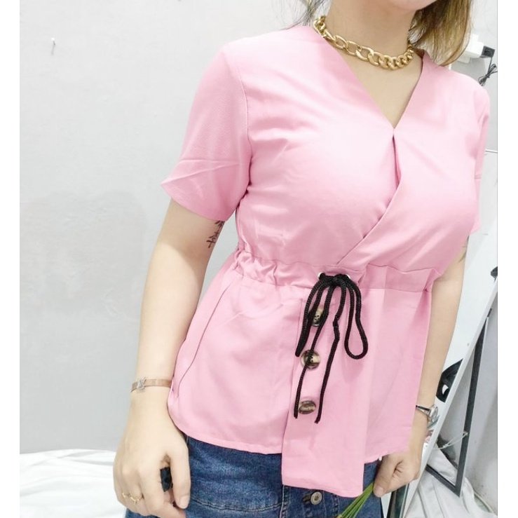 Cherry_ atasan blouse serut variasi kancing hidup bahan Polyester