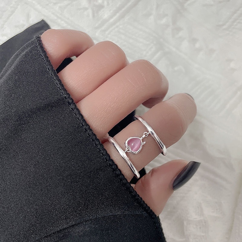 Cincin Model Terbuka Dua Lapis Bentuk Hati Warna Silver Untuk Wanita