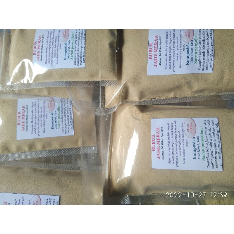 

Bubuk Jahe Merah siap seduh tanpa ampas dan tanpa bahan pengawet 100 g.