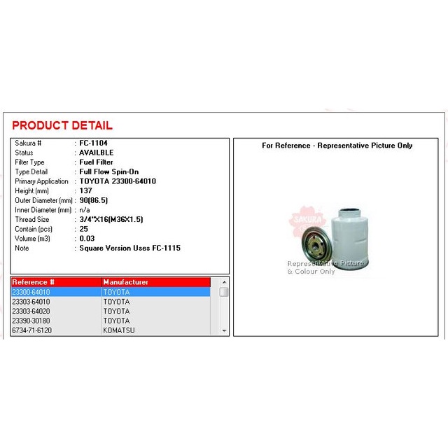 Filter Solar/Fuel Filter Toyota Merk Sakura (FC-1104)