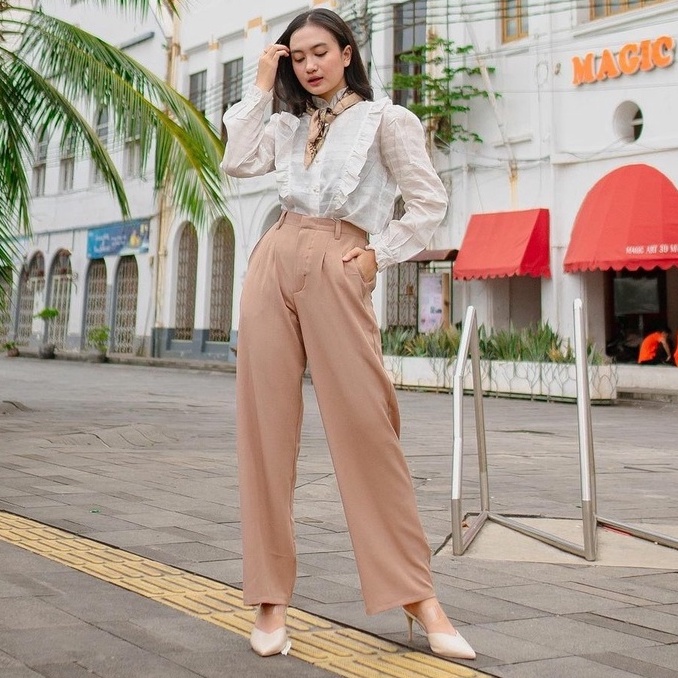 Loose Pants Trousers Wanita Anti Kusut (Bahan Tebal) - Celana Kulot Highwaist Wanita Bahan Jatuh Celana Kantor Formal / Casual