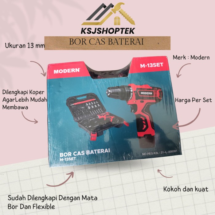 Bor Charger Modern M 10 Tembok Beton Cordless Drill Set Besi 12 Volt