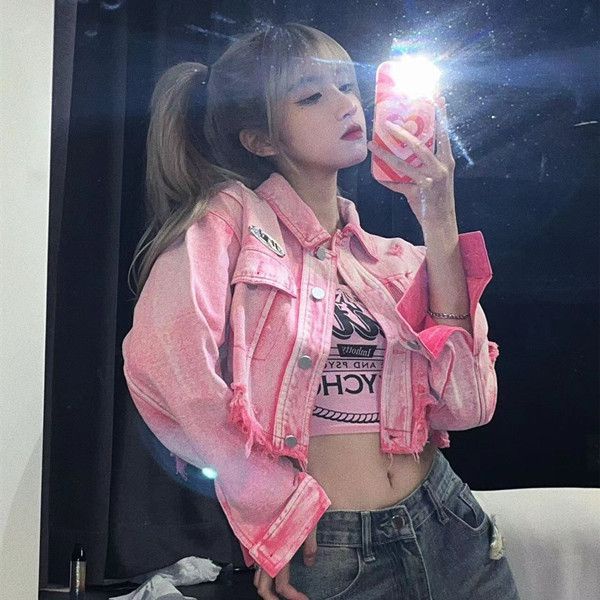 Nico##Jaket pendek/jaket jeans denim/jaket denim crop/vintage jacket/jaket pink wanita