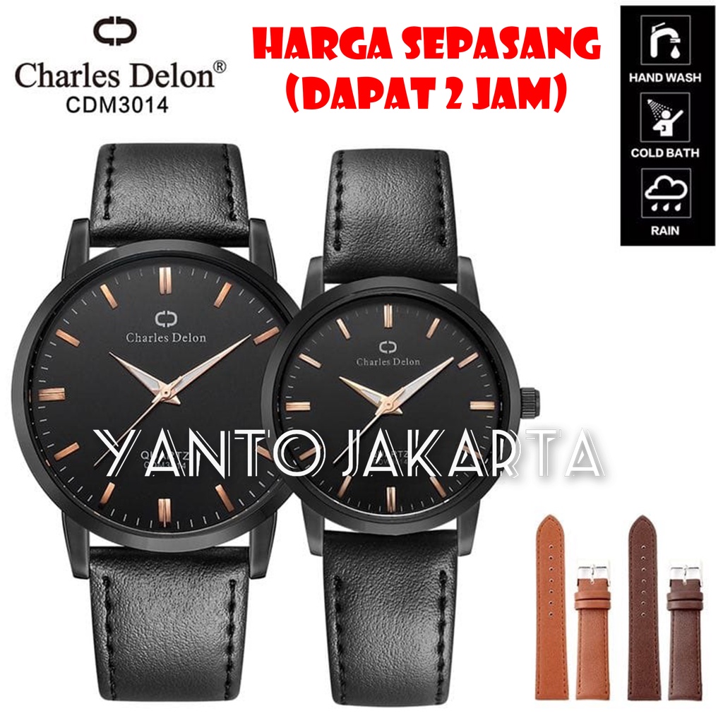 CHARLES DELON JAM TANGAN COUPLE KULIT TIPIS CASE BLACK ANTI AIR