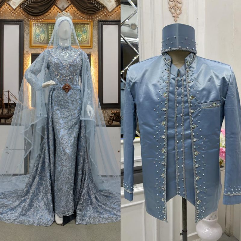 COUPLE GAUN PENGANTEN MODREN BEREKOR /GAUN SLIM DRESS / KEBAYA COUPLE BESKAP / BAJU PENGANTIN MURAH