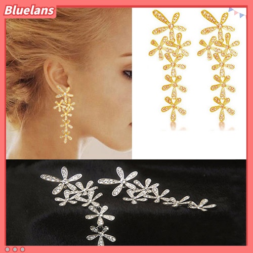 [Bayar Di Tempat]Anting Stud Fashion: Penuh Berlian Buatan Model Bunga Salku Panjang Menjuntai