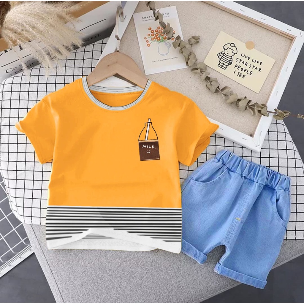 SETELAN ANAK BAJU KAOS BAHAN KATUN CELANA PENDEK BAHAN DENIM UMUR 1-5 TAHUN MOTIF BBOTTLE MILK BAJU ATASAN ANAK LAKI LAKI PEREMPUAN TERBARU OUTFIT ANAK MASA KINI TERLARIS