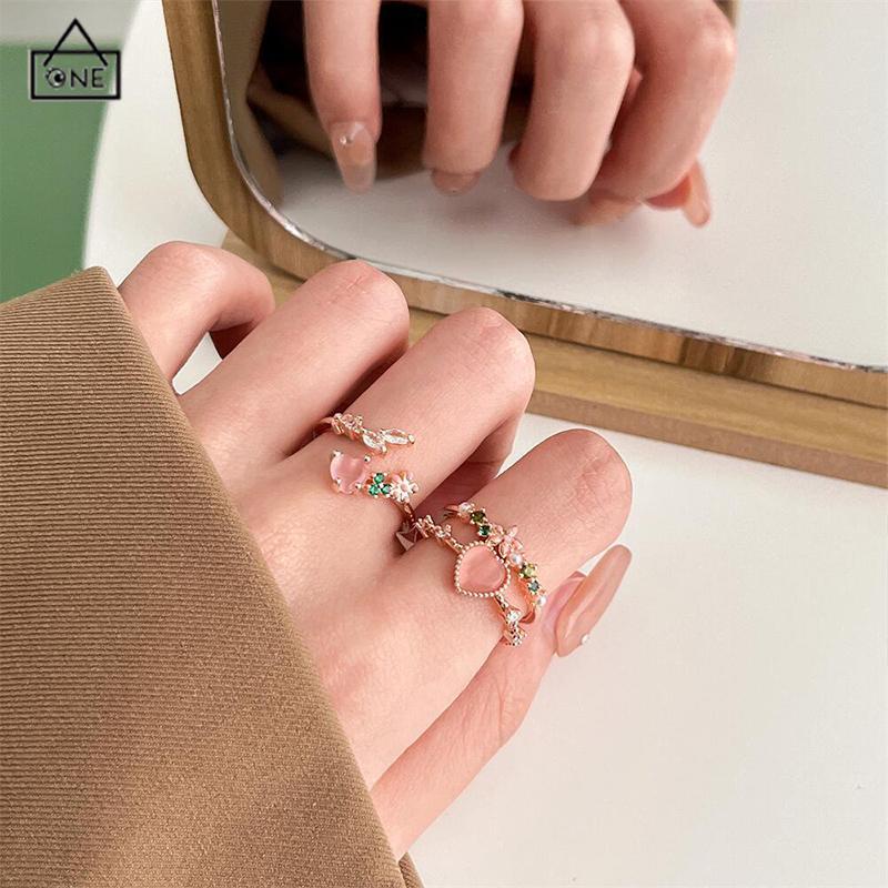 COD❤️Cincin Hati Love Cinta Fashion Korea Wanita Bentuk Bunga Pembukaan Dapat Disesuaikan Cahaya Mewah Manis Cincin Wanita-A.one