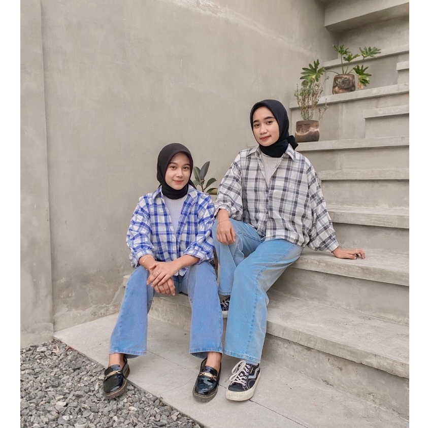 Viona/tamara/cheesy batwing kancing flanel tartan oversize