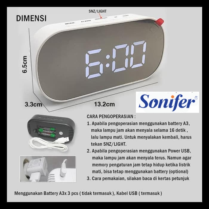 Jam Meja Digital Alarm LED Mirror Clock SONIFER