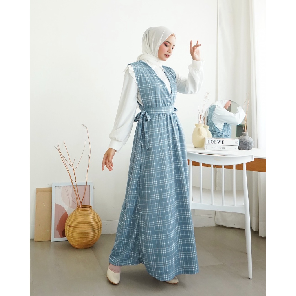 Maxi Dress Pastel Motif Kotak-Kotak | Dress Wanita Pinggang Tali