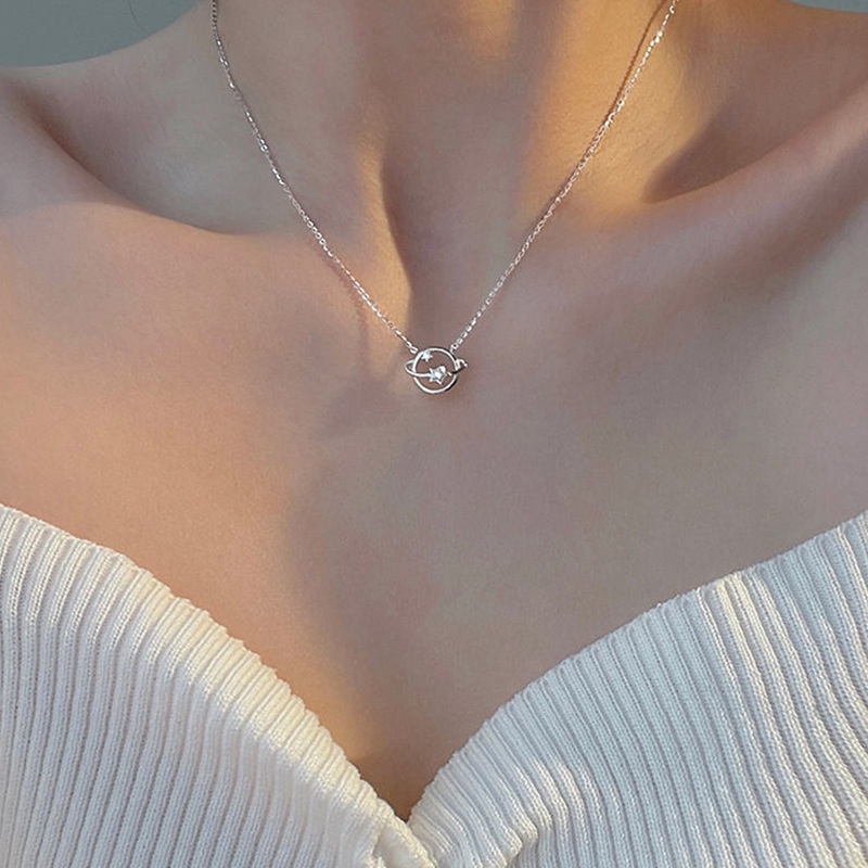 Kalung Rantai Klavikula Hias Liontin Kristal Bintang Planet Alam Semesta Bahan Cubic Zirconia Gaya Korea Untuk Wanita