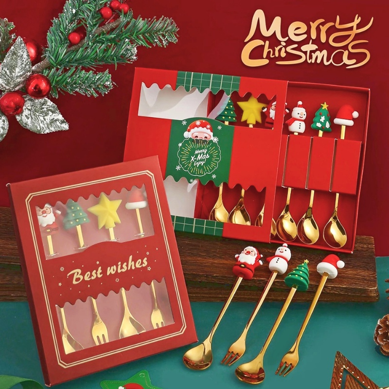 4 / 6pcs / Set Sendok Garpu Desain Kartun Santa Claus Pohon Natal Dengan Kotak