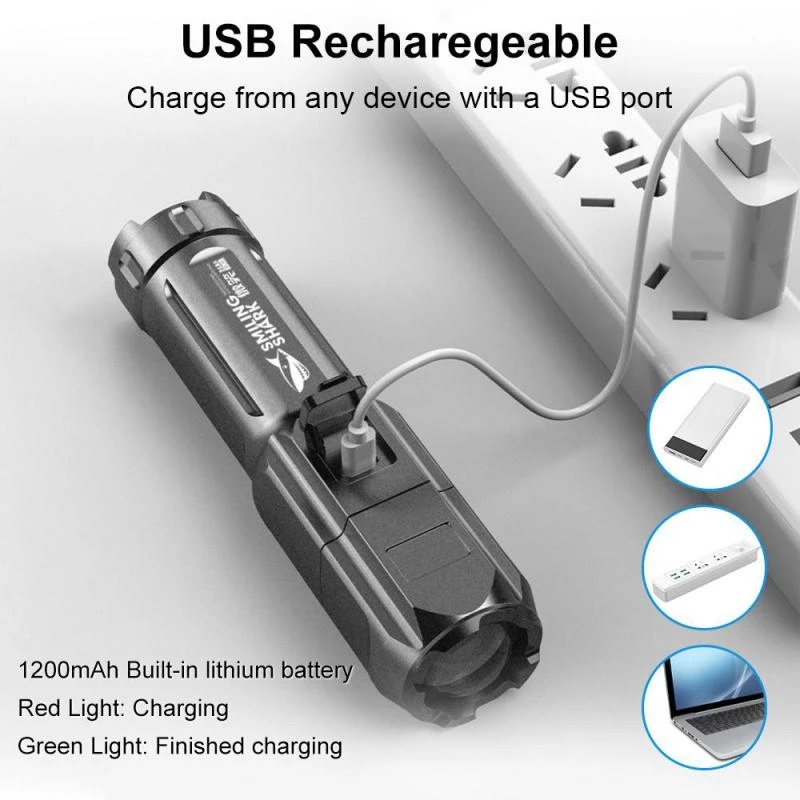 Lampu Senter Led T6 Portable Super Terang Zoom Bahan ABS Anti Air USB Rechargeable Untuk Outdoor / Camping