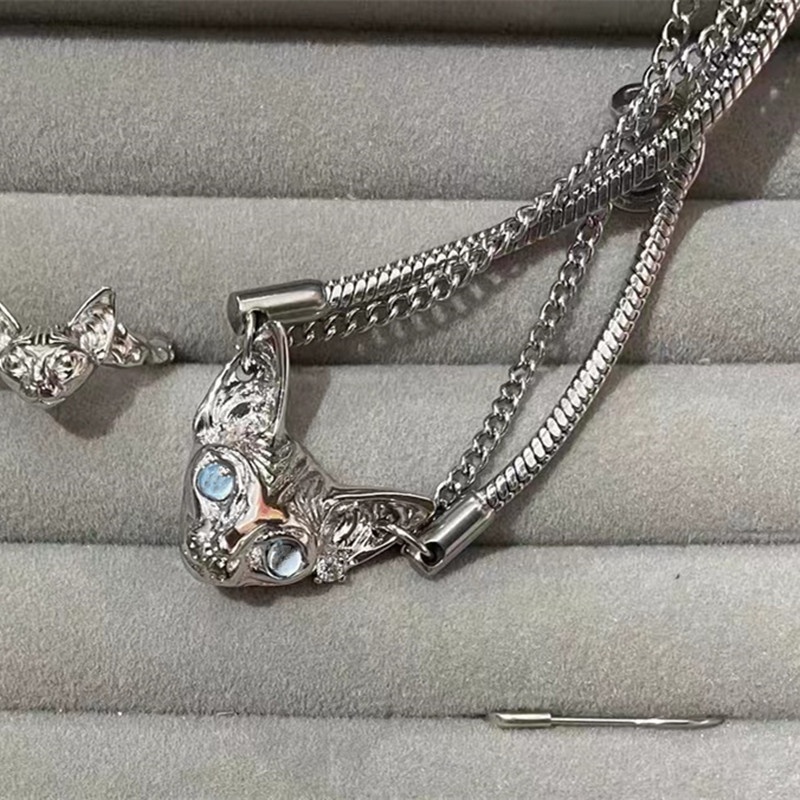 Kalung Rantai Klavikula Ganda Desain Kucing Gelap Untuk Aksesoris