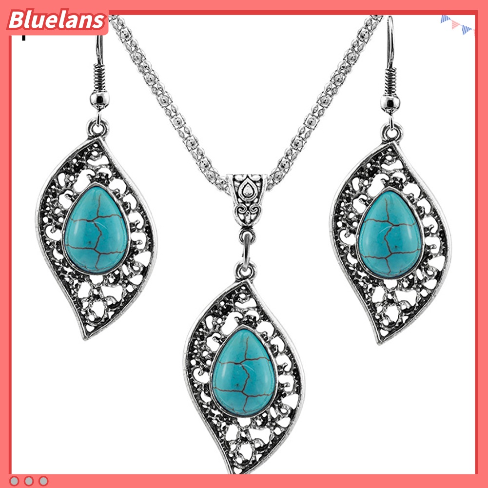 3pcs / Set Anting Liontin Daun Kura-Kura Turquoise Tiruan Gaya Vintage Untuk Wanita