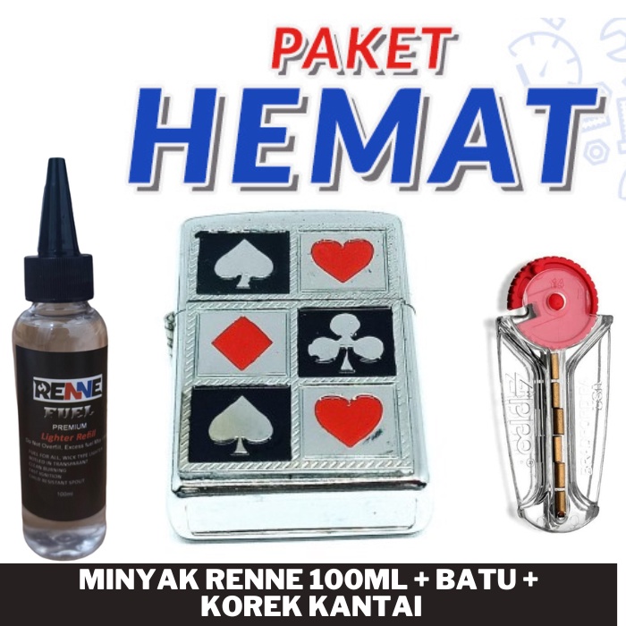 Promo Korek Api Kantai Silver Minyak 100ml plus Batu Plus Motif Kartu