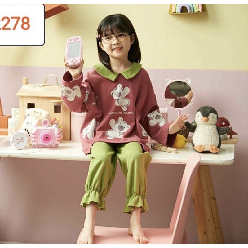 BAJU TIDUR ANAK PEREMPUAN SET CELANA PANJANG KAOS IMPORT SIZE 8-18