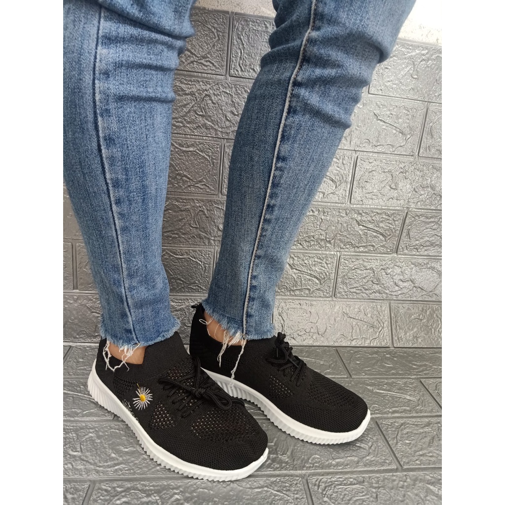 ☀ Sunly ☀ SP031(Tanpa Kotak) Sepatu Sneakers Wanita Putih Hitam Motif Bunga Sporty Model Korea Fashion Casual Sport Olahraga Import