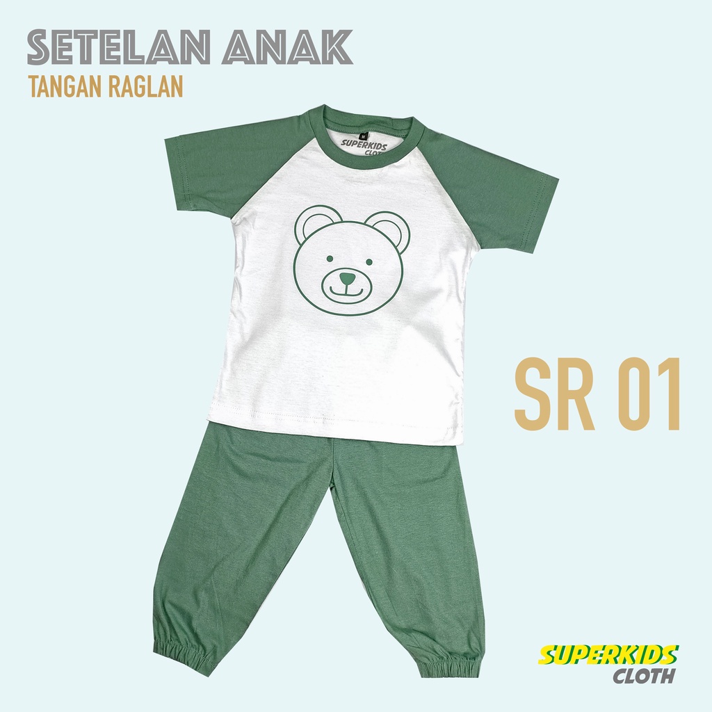 Setelan Kaos Playset Anak Setelan Joger Couple Baju Tidur Piyama Anak Raglan Unisex Celana Panjang Hijau Bear