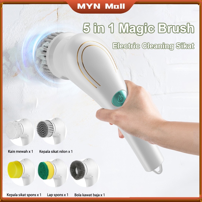 Sikat Elektrik 5 in 1 Handheld Sikat Magic Brush/Kamar Mandi Rotasi Cerdas 360° Derajat Kebisingan Rendah Tahan Air IPX7 Wastafel Dapur Cleaning Brush