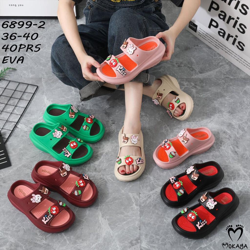 Sandal Wedges Eva Wanita Ban 2 Mainan Jibbitz Motif Bear &amp; Bunny Pita Kiss Super Cantik Keren Lucu Trendy Import Mokaya / Size 36-40 (6899-1 &amp; 6899-2)