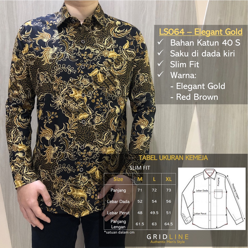 [GRIDLINE - LS064 Elegant Gold &amp; Red Brown] Kemeja Lengan Panjang Batik Slimfit Pria Katun