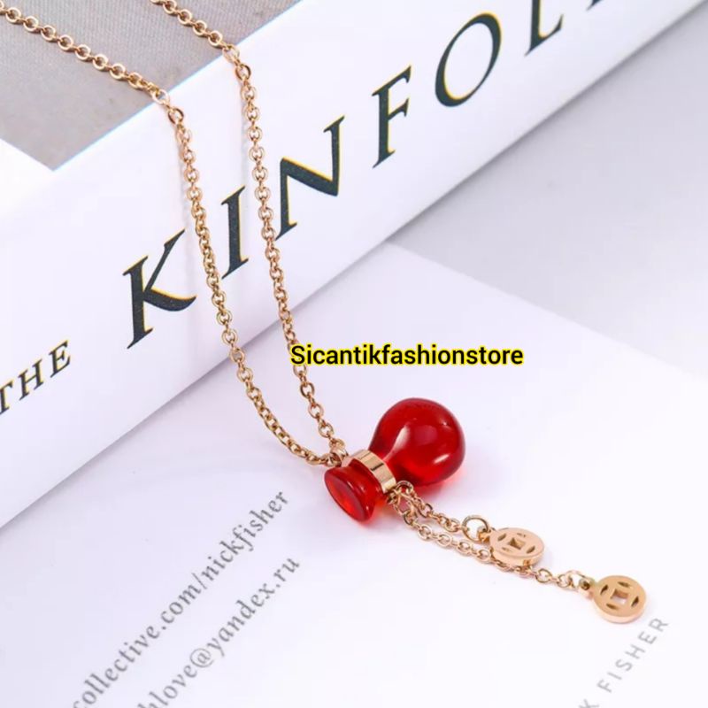Kalung Titanium Wanita Liontin Batu Merah Delima Fashion Wanita Terlaris Anti Karat Selamanya Kalung Wanita Liontin Batu Merah Delima Kalung Rantai Rose Gold Kalung Rantai Gold Titanium plus Liontin