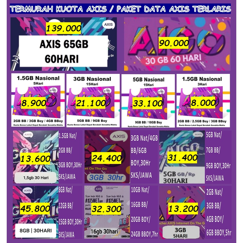 TERMURAH DATA AXIS REGULER KUOTA AXIS BRONET VOUCHER AXIS AIGO 50GB 25GB 15GB 12GB 10GB