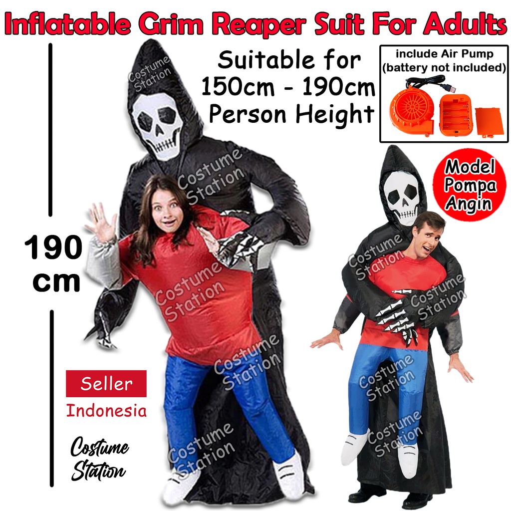 Kostum Grim Reaper Abduction / Costume Ghost Tengkorak Hantu Setan Halloween Inflatable pompa angin dewasa