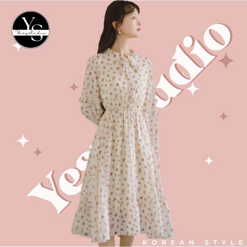 【STOCK READY】DRESS FLORAL LENGAN PANJANG SIFON WANITA