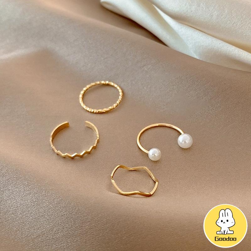 4 Pcs/set Korea Cincin Emas Untuk Wanita Sederhana Mutiara Elegan Cincin Set Dapat Disesuaikan Terbuka Perhiasan Hadiah -Doo