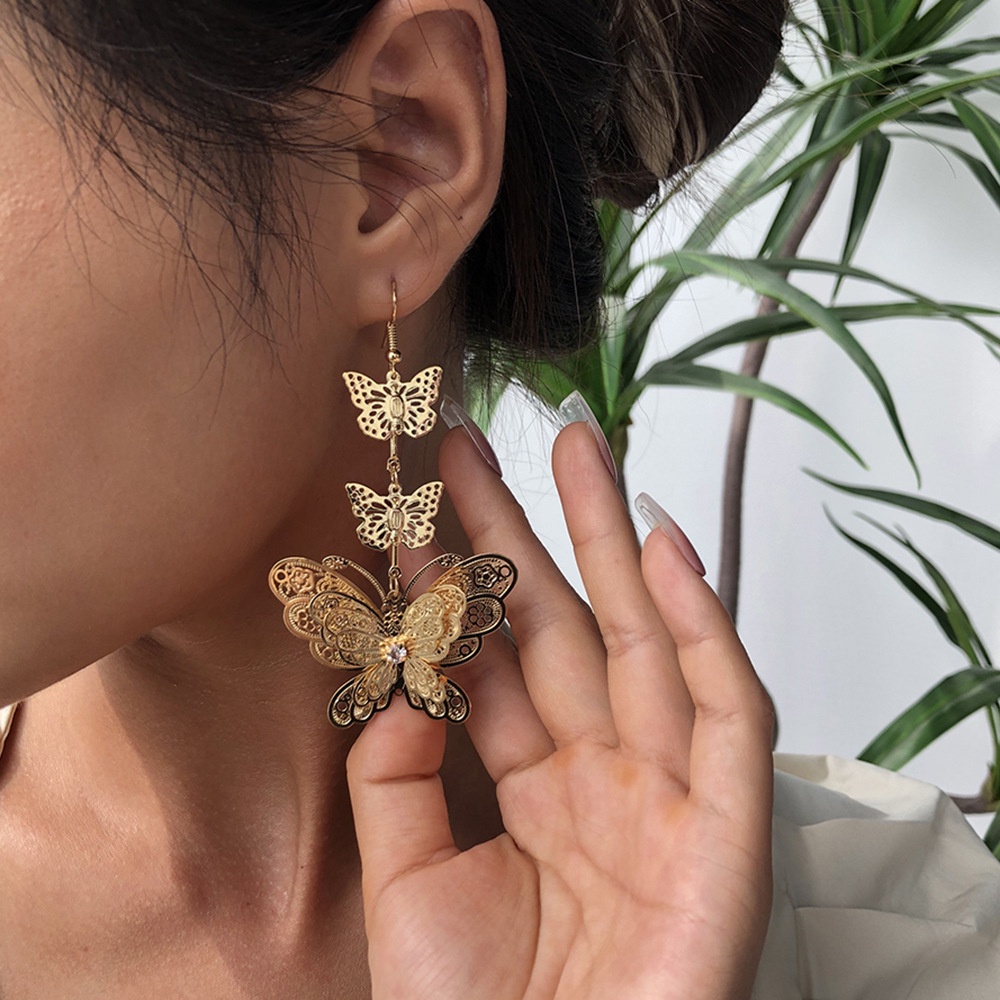 Anting Panjang Bentuk Kupu-Kupu Tiga Lapis Gaya Korea Untuk Wanita Butterfly