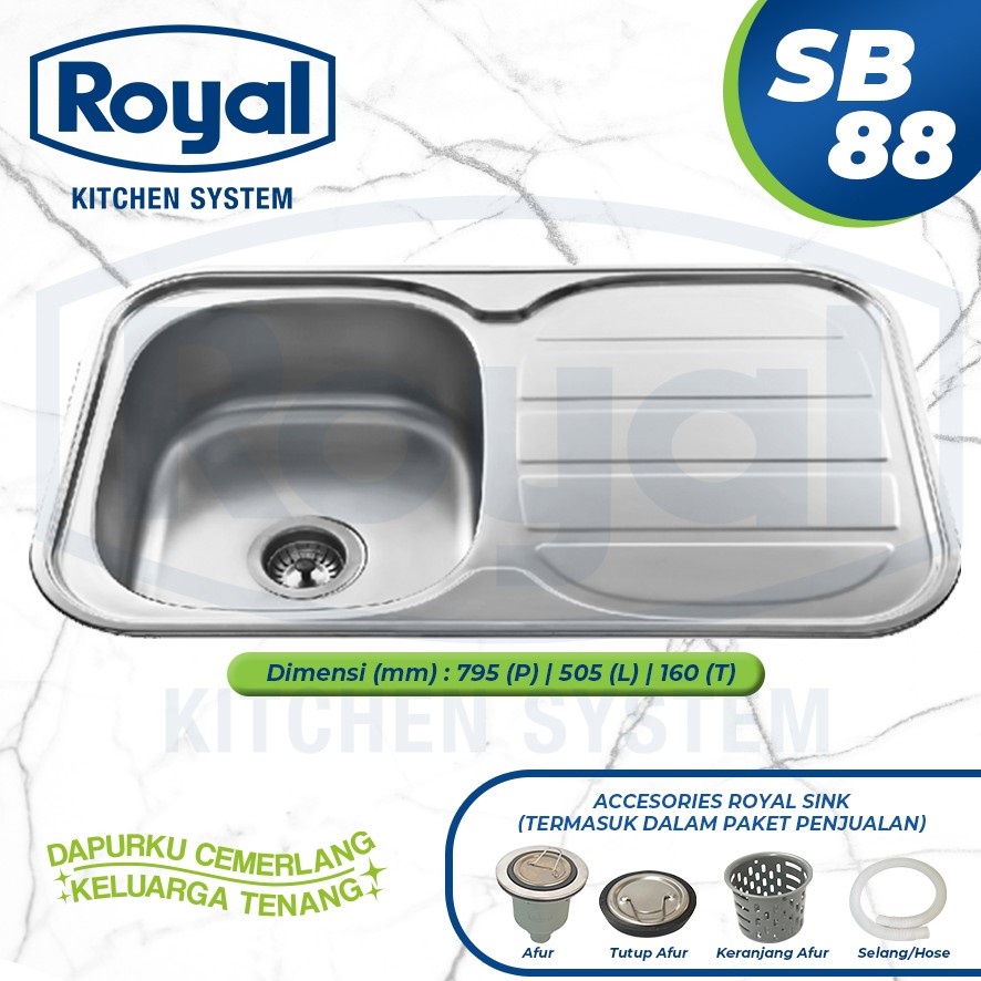 Royal Kitchen Sink SB 88 Wastafel Dapur Bak Cuci Piring 1 Bowl Sayap Pengering Stainless Steel