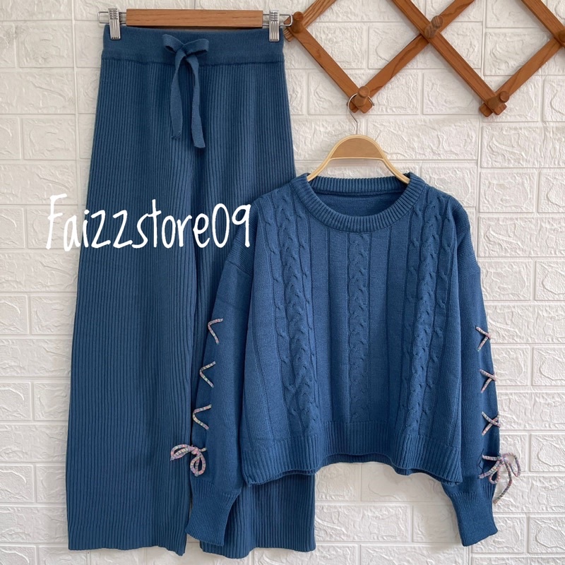 ONE SET SETELAN CELANA KULOT MONAY VICTORIA SWEATER RAJUT CABLE  STRAP KOREA