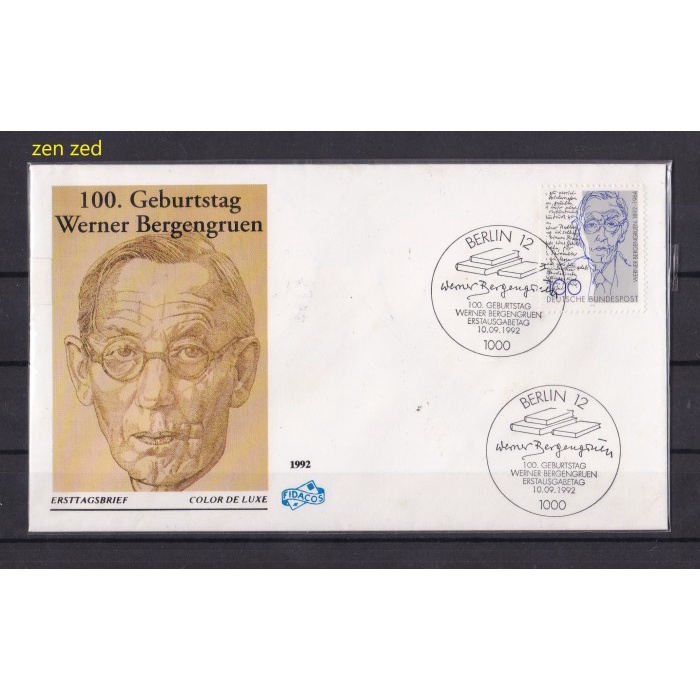 

A053 Perangko FDC SHP Jerman 1992 Werner Bergengruen, Writer 1 Pcs