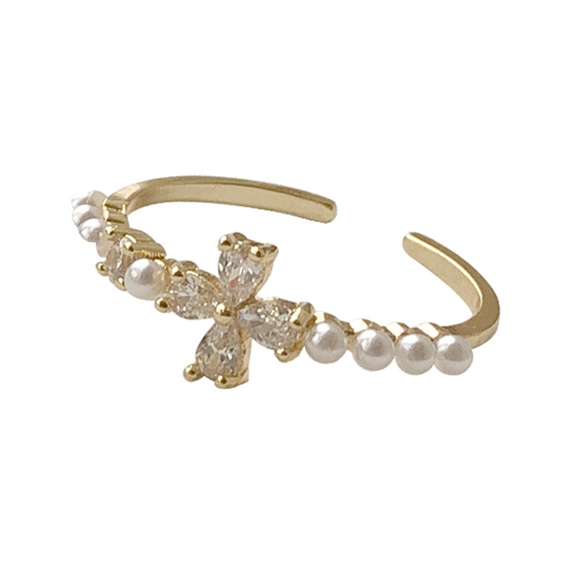 Mhang Cincin Adjustable Desain Bunga Hias Zircon + Mutiara Gaya Korea Untuk Wanita