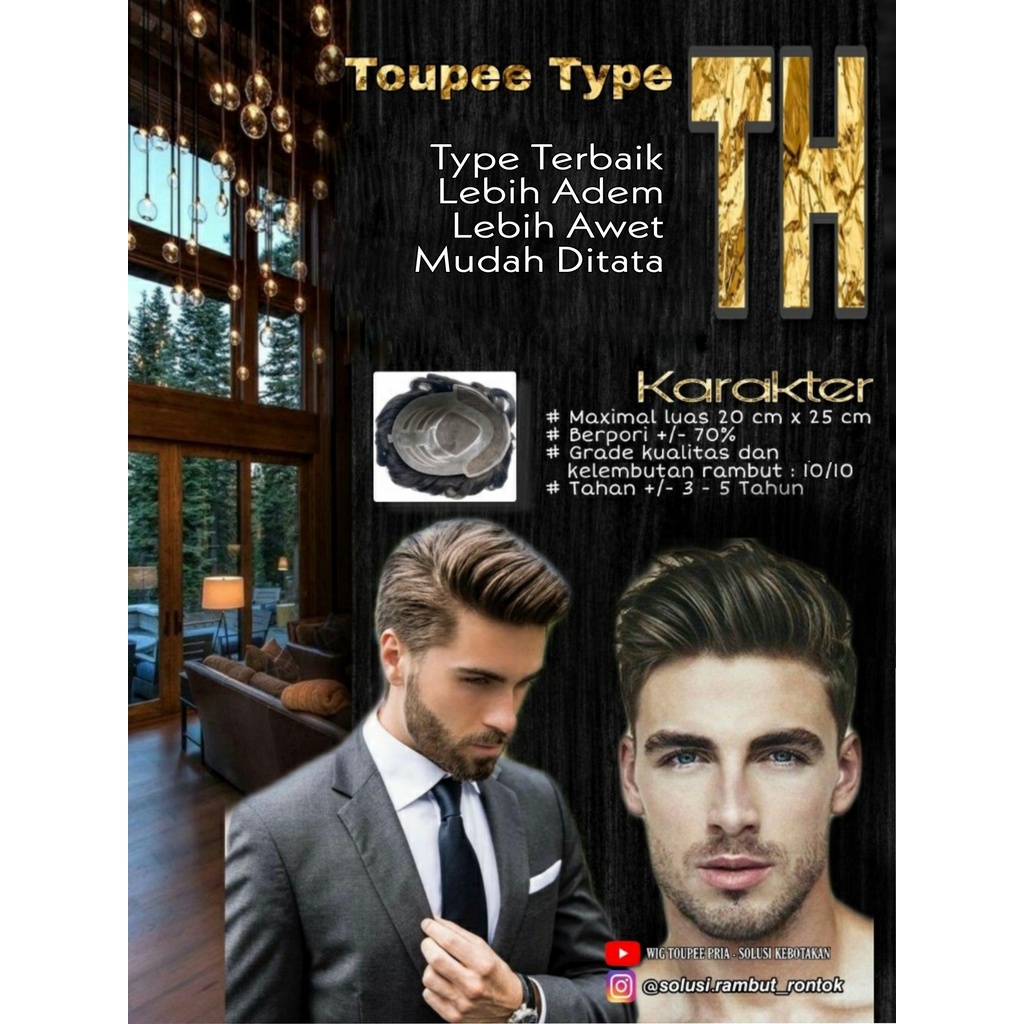 Hair toupee wig pria wanita rambut palsu original asli 100% remy human hair replacement ( TH )