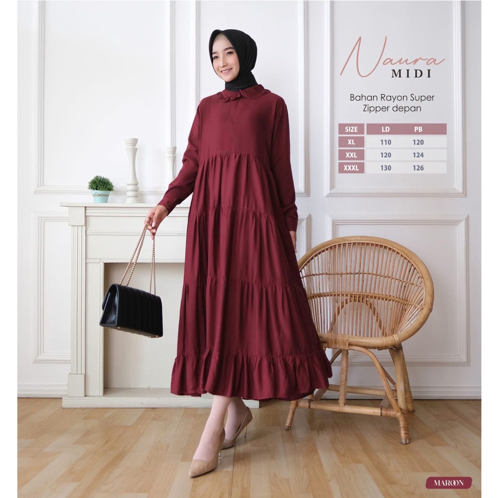 BIGSIZE | Naura Midi Dress Bahan Rayon Super Model Susun Umbrella LD 110 120 130