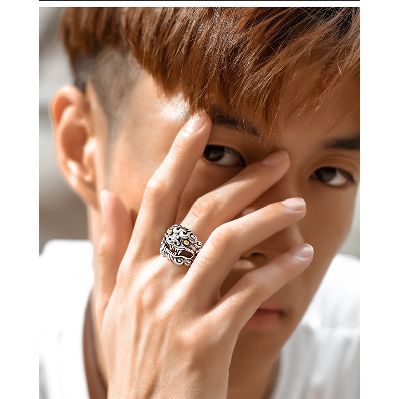 Cincin Model Terbuka Adjustable Desain Singa Lapis Silver Gaya Hip Hop Untuk Pria