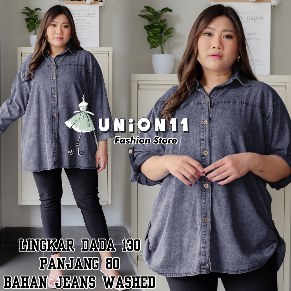 UNION11 - KEMEJA JUMBO WANITA JEANS / KEMEJA JUMBO WANITA BB 100 KG / BLUS WANITA JUMBO / KEMEJA WANITA JUMBO LD 130  / ATASAN WANITA BIG SIZE 4XL / KEMEJA JUMBO WANITA CASUAL / KEMEJA JEANS JUMBO WANITA NATHAN