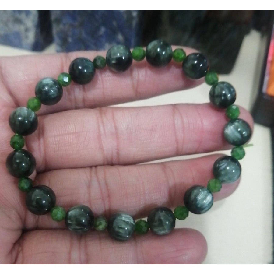 Bracelet / Gelang Seraphinite 8mm + Diopside Faceted 4mm
