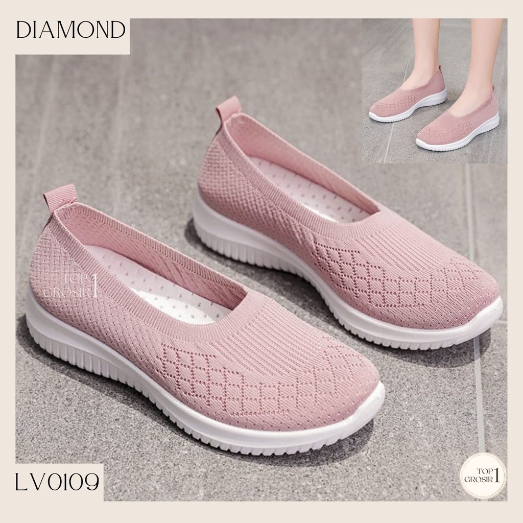 TOPGROSIR LV0109 Sepatu Motif Diamond Wanita Sneakers Slop Import / Sneakers Kanvas / Sepatu Kerja